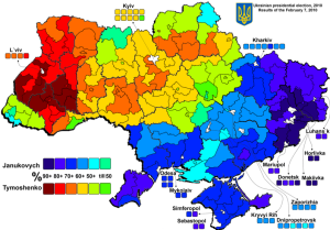 The political map of Ukraine, showing the solid support for the present government in the Eastern, ethnically Russian portion of the country. Source. 